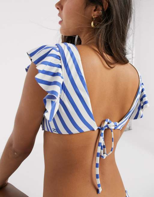 Billabong Blue By U frill bikini top in blue stripe, 3 of 4