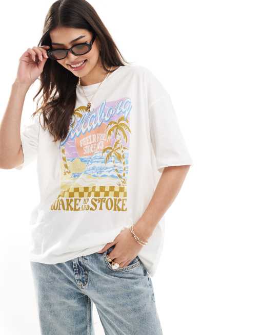 Billabong – Kremowy T-shirt z napisem Wake Up and Stoke