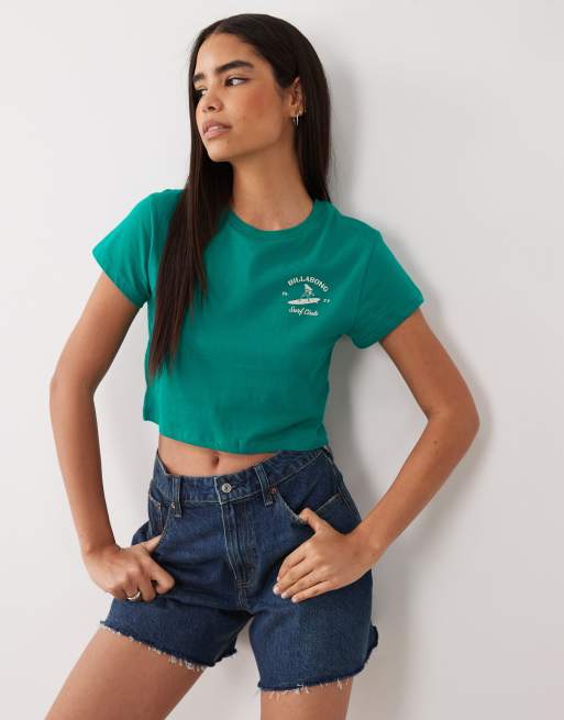 Billabong surf print cropped beach t-shirt in faded green, 2 of 4
