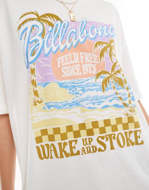 Billabong - T-shirt met 'wake up and stoke'-print in crème, 2 van 4