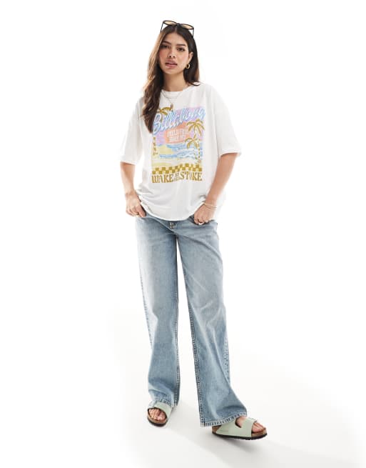 Billabong - T-shirt met 'wake up and stoke'-print in crème, 3 van 4