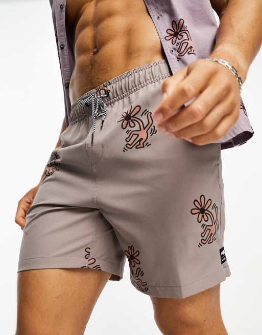 Billabong x Keith Haring – Ljuslila badshorts med dansande blommor