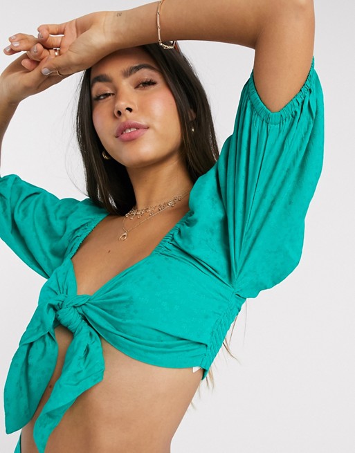 Billabong X Sincerely Jules Amaze The Day tie crop top in jacquard green