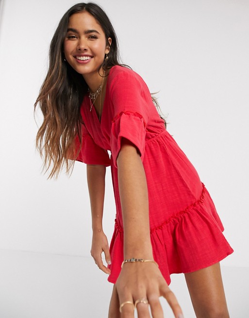 Billabong X Sincerely Jules Lovers Wish tiered mini smock dress in red