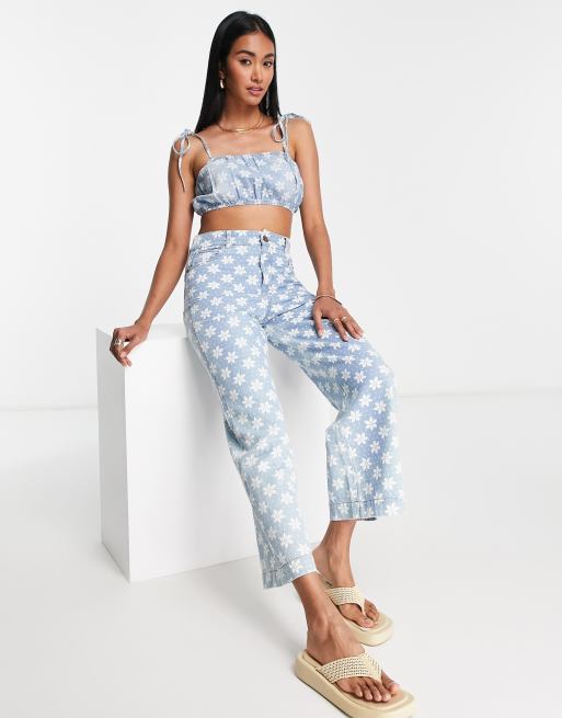 Buy Navy Blue Floral Print Co Ord Set, Crop Top And Pant Set