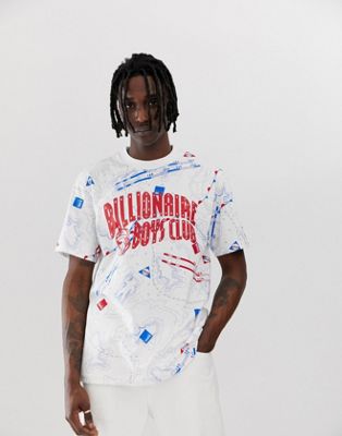 Billionaire Boys Club – Vit t-shirt med heltäckande marint mönster och bågformad logga