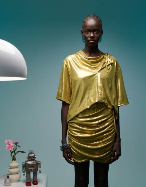 BIMBA Y LOLA asymmetric tie shoulder crop top co-ord in metallic olive