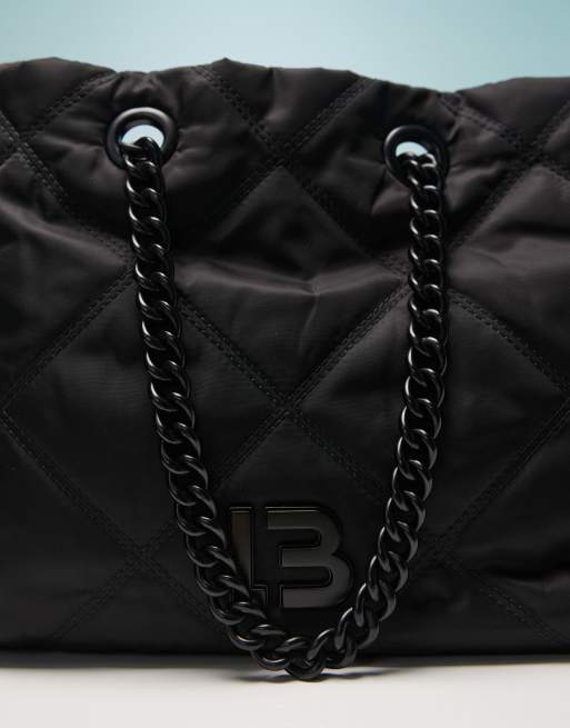 BIMBA Y LOLA - Borsa shopping grande nera trapuntata con tracolla in catenina, 3 di 4