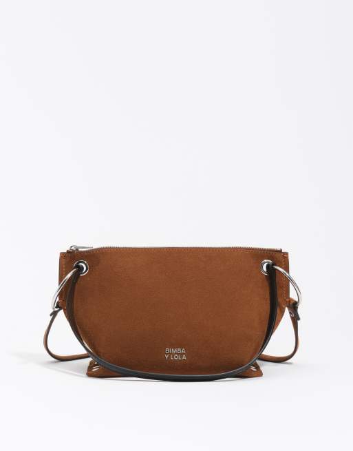 Bimba Y Lola borsa trapezio media in camoscio color tabacco, 7 di 7