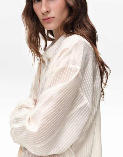 Bimba Y Lola camicia a righe con colletto alla coreana in avorio, 2 di 6