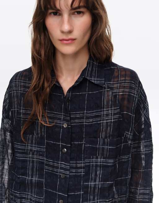 Bimba Y Lola camisa oversize a cuadros de mezcla de lino en azul marino, 2 de 6