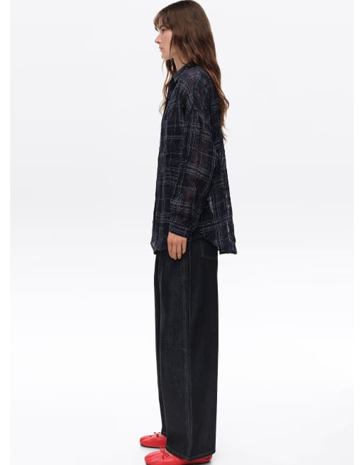 Bimba Y Lola camisa oversize a cuadros de mezcla de lino en azul marino, 3 de 6
