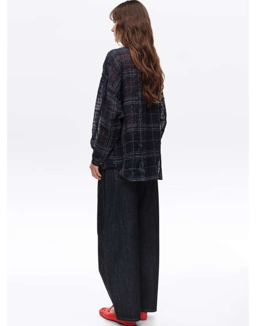 Bimba Y Lola camisa oversize a cuadros de mezcla de lino en azul marino, 4 de 6