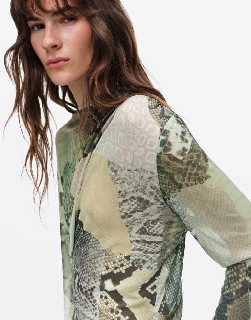 Bimba Y Lola camiseta de tul fruncido con patchwork de serpiente en verde, 2 de 6