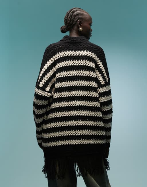 BIMBA Y LOLA - Cardigan oversize in maglia nera a righe bianche, 4 di 4