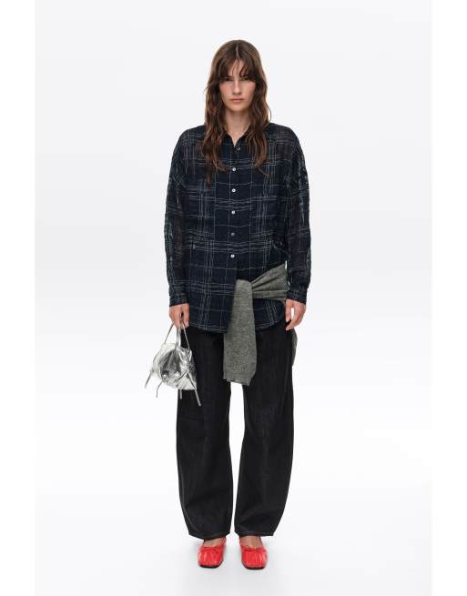 Bimba Y Lola chemise oversize à carreaux en mélange de lin bleu marine, 6 de 6