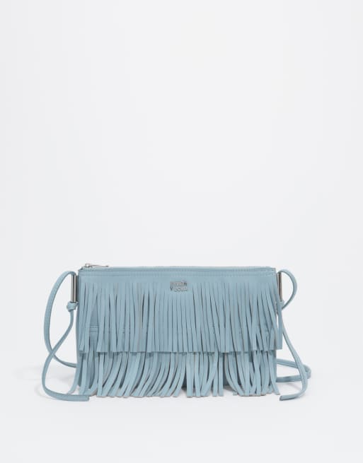 Bimba Y Lola Clutch pequeña de cuero con flecos azul cielo, 4 de 4