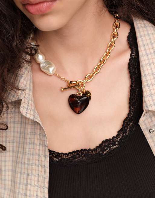 Bimba Y Lola collana con perla e cuore in resina marrone, 3 di 5
