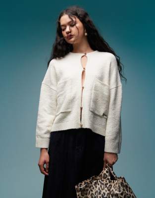 Bimba Y Lola BIMBA Y LOLA cropped knitted button up cardigan in ivory-White