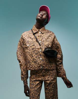 Bimba Y Lola BIMBA Y LOLA denim jacket co-ord in natural leopard-Brown