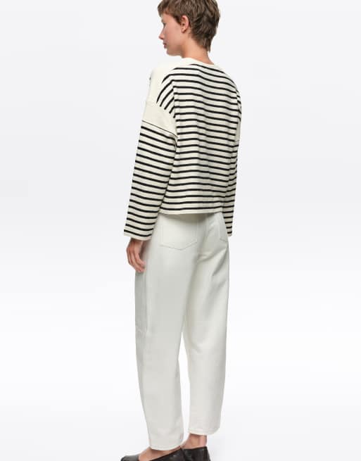 Bimba Y Lola gestreiftes Baumwoll-T-Shirt mit U-Boot-Ausschnitt in Elfenbein, 4 von 6