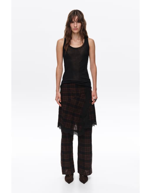 Bimba Y Lola gonna pantalone a quadri con dettagli in pizzo marrone scuro, 1 di 6