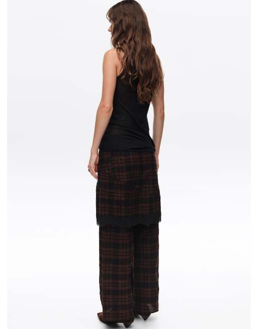 Bimba Y Lola gonna pantalone a quadri con dettagli in pizzo marrone scuro, 4 di 6