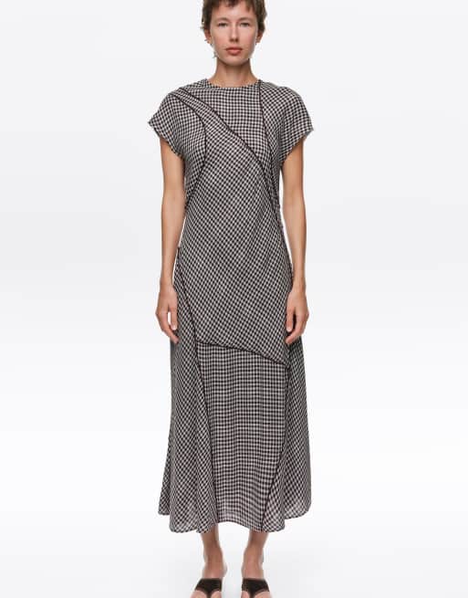 Bimba Y Lola kariertes Patchwork-Midikleid in Dunkelbraun, 5 von 7