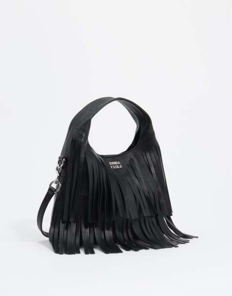 Bimba Y Lola kleine leren crossbodytas met franjes in zwart - view 1