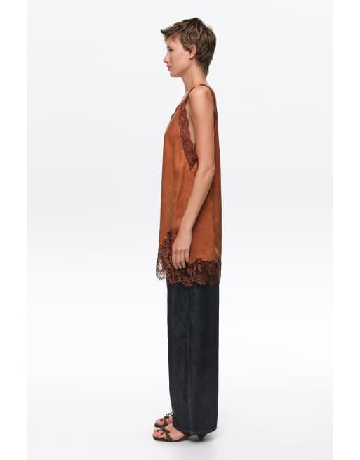 Bimba Y Lola lange camitop met kanten afwerking in toffee, 3 van 6