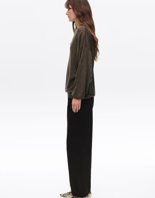 Bimba Y Lola langer Pullover aus Wollmix mit Spitzenbesatz in Schokobraun, 2 von 7