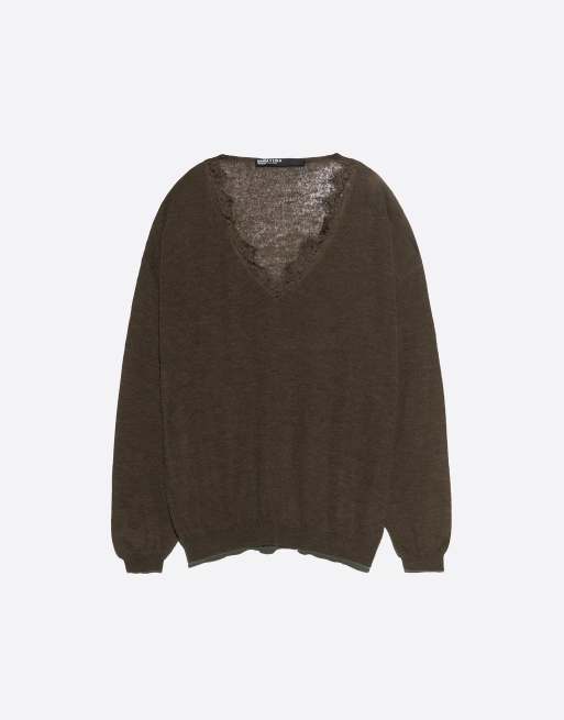 Bimba Y Lola langer Pullover aus Wollmix mit Spitzenbesatz in Schokobraun, 5 von 7