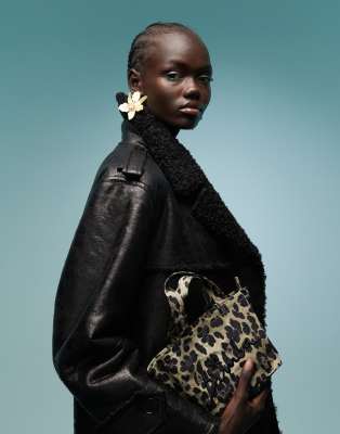 BIMBA Y LOLA LONGLINE BORG FAUX LEATHER COAT 