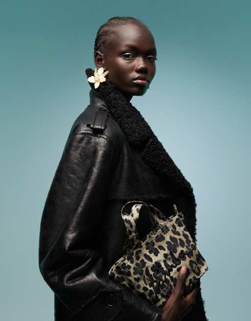 BIMBA Y LOLA longline borg faux leather coat in black, 2 of 4