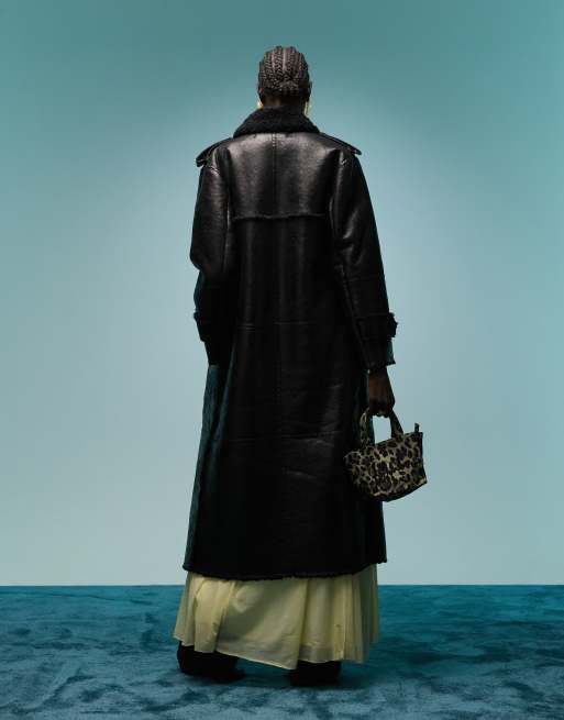 BIMBA Y LOLA longline borg faux leather coat in black, 3 of 4