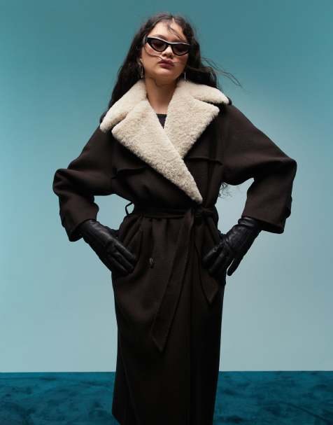 BIMBA Y LOLA longline wool coat with detachable collar in brown - view 1