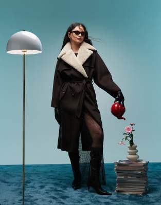 Bimba Y Lola Longline Wool Coat With Detachable Collar In Brown