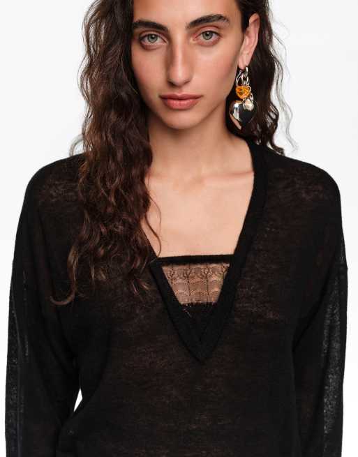 Bimba Y Lola maglione lungo in lana con scollo a V nero, 2 di 6