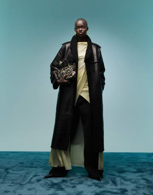 Bimba Y Lola - Manteau long en similicuir et imitation peau de mouton - Noir