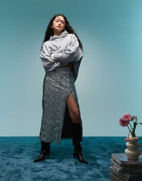 BIMBA Y LOLA - Midaxi rok met split en lovertjes in zilverkleur - view 1