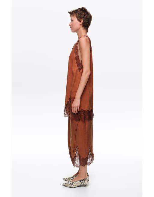 Bimba Y Lola Midirock mit Spitzenbesatz in Toffee, 3 von 6