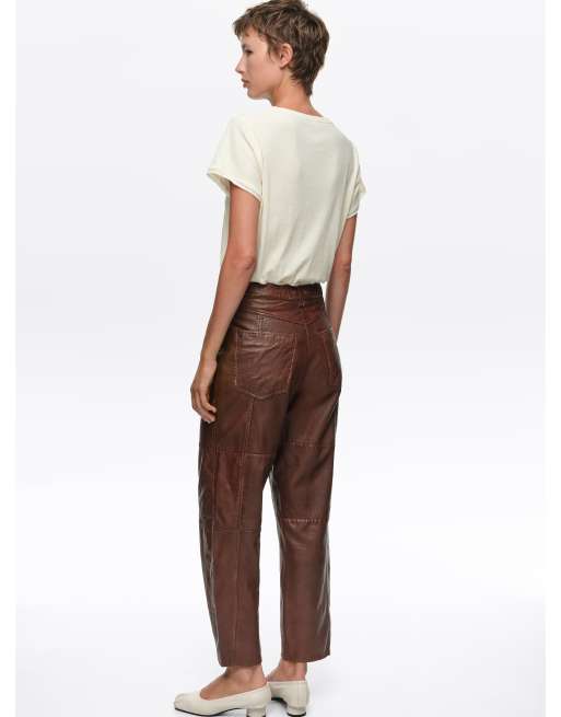 Bimba Y Lola pantaloni barrel in pelle lavata marroni, 4 di 6