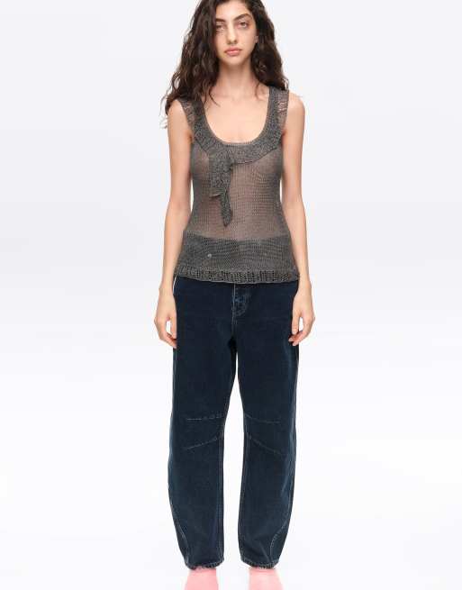 Bimba Y Lola pantaloni denim a gamba bombata a 5 tasche in blu denim scuro, 2 di 6