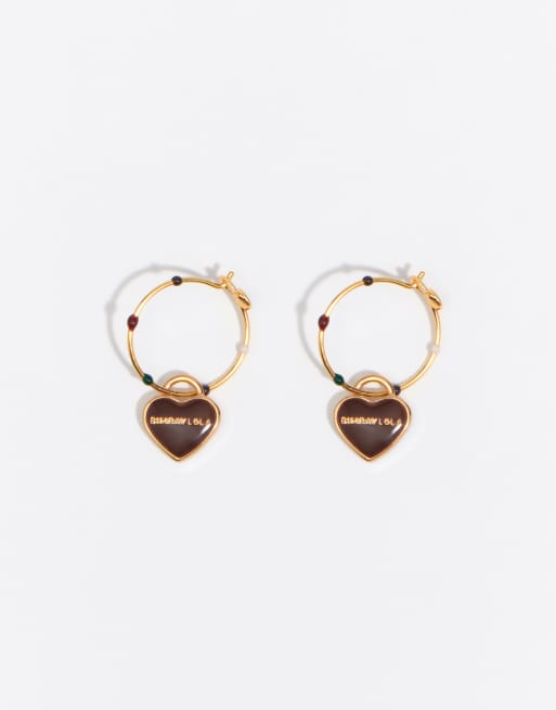 Bimba Y Lola pendientes de aro con logotipo de corazón esmaltado en negro, 1 de 3
