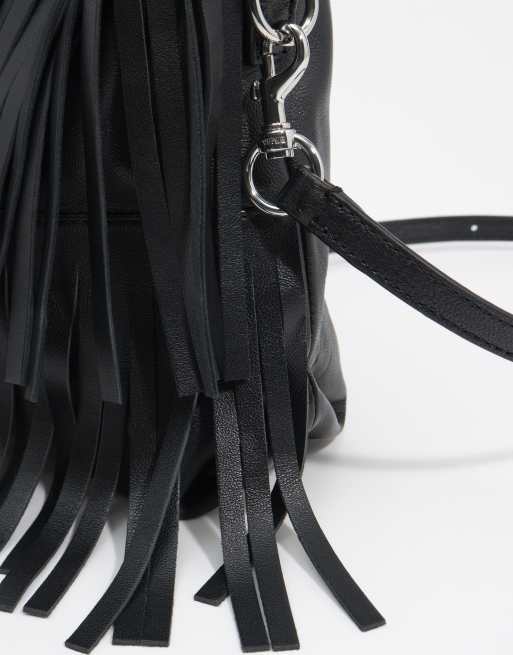 Bimba Y Lola piccola borsa a tracolla in pelle con frange nera, 3 di 6