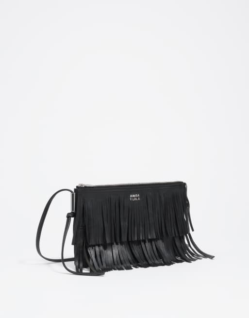 Bimba Y Lola piccola pochette in pelle con frange nera, 3 di 4