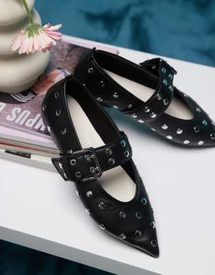 Bimba Y Lola Pointed Studded Flats With Buckle Straps In Black