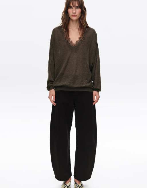 Bimba Y Lola pull long en mélange de laine avec bordure en dentelle couleur chocolat, 4 de 7
