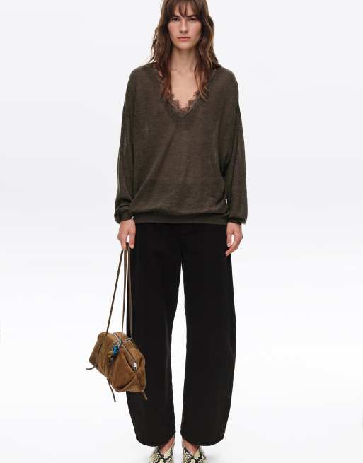 Bimba Y Lola pull long en mélange de laine avec bordure en dentelle couleur chocolat, 7 de 7