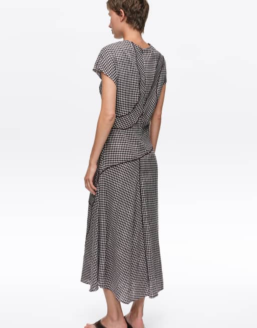Bimba Y Lola Robe midi patchwork à carreaux marron foncé, 4 de 7